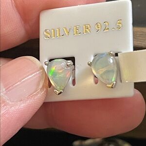 Sterling Silver Teardrop Opal Stud Earrings - White Opalescent